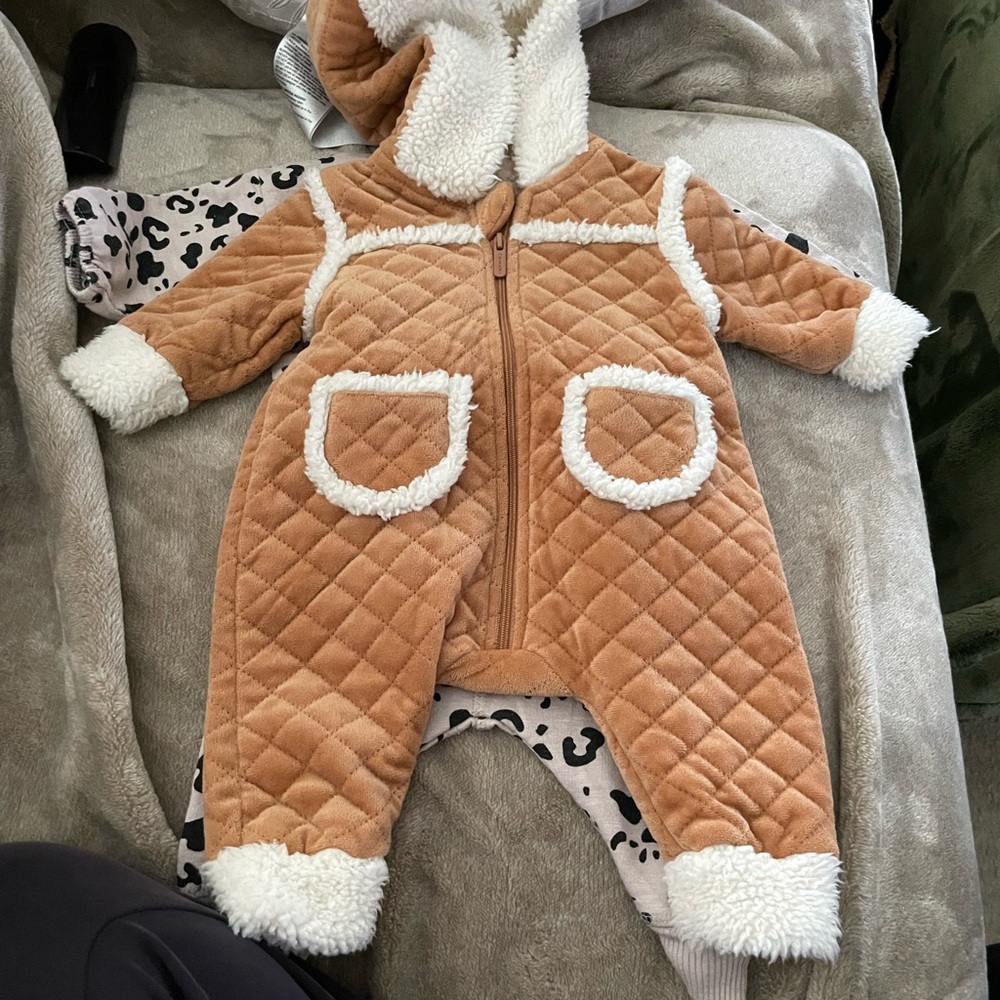 Quilted Tan Baby Snowsuit with White Trim